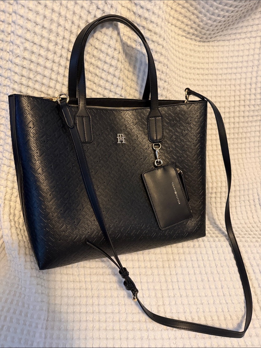 Tommy Hilfiger Black Embossed Leather Messenger Tote with Removable Strap